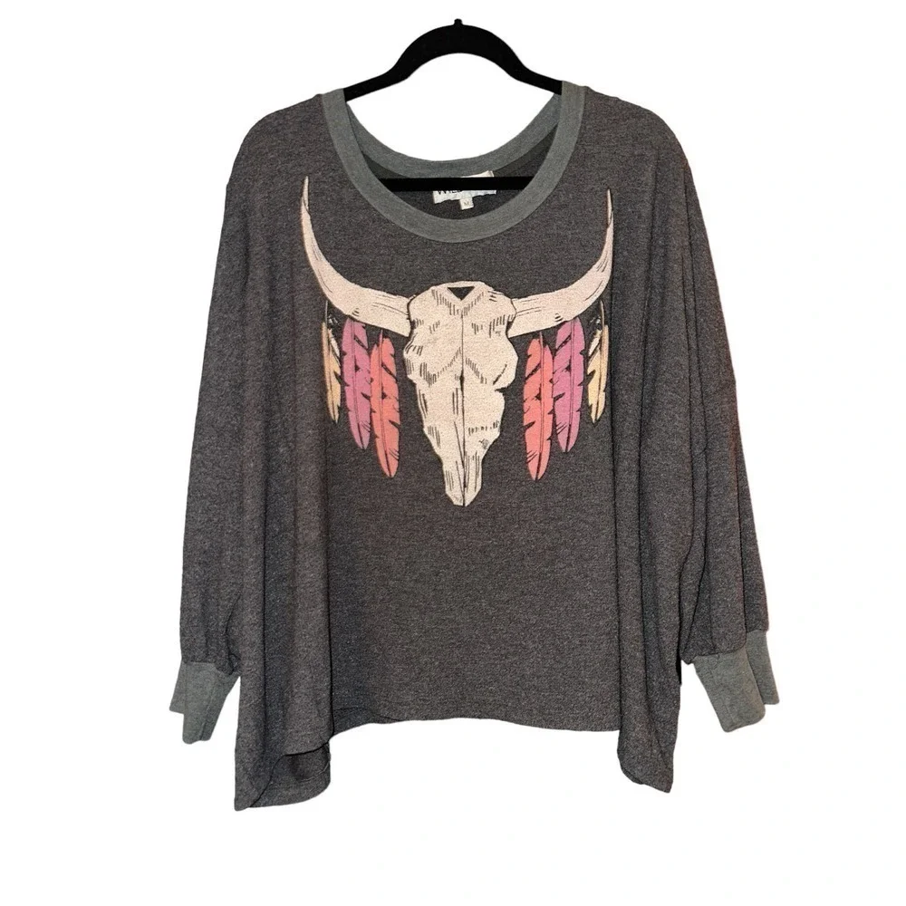 Wildfox Women's Outlaw Feather & Longhorn Oversized Pullover Sweater Size M Gray